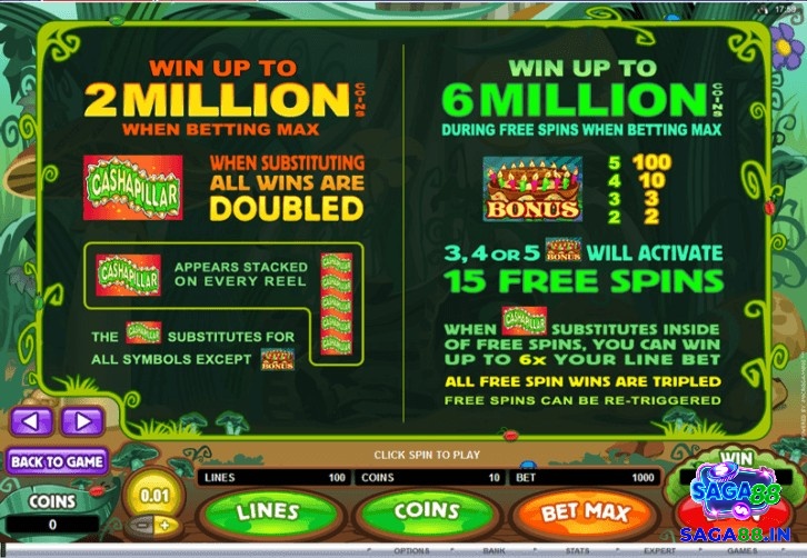 Người chơi có cơ hội nhận được 15 free spins khi quay được từ 3 biểu tượng Bonus cùng x6 tiền thưởng