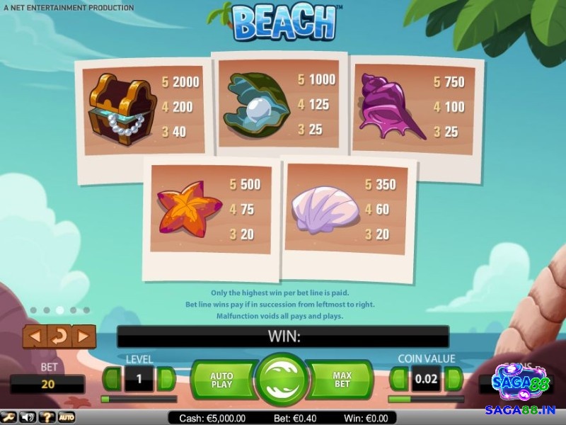 Biểu tượng chính của Beach slot là hình ảnh kho báu, ngọc trai, vỏ sò, sao biển