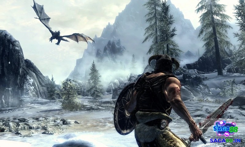 Một chiến binh dũng mãnh đang chuẩn bị đối đầu với rồng trong Skyrim