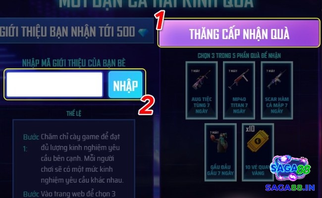 Đăng nhập tài khoản mới và nhấn “Thăng cấp nhận quà”