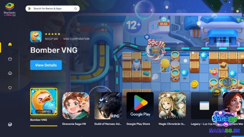 Tải BlueStacks, mở phần mềm và tìm Minecraft