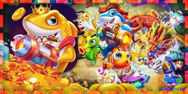 Minh họa các loài cá với mức điểm thưởng khác nhau trên giao diện trò chơi bắn cá online, cùng với hình ảnh khẩu súng ảo đang nhắm bắn.