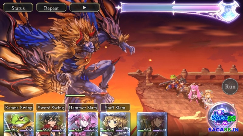 Màn hình trận đấu trong game mobile nhập vai Another Eden với giao diện chiến đấu theo lượt, thể hiện đội hình nhân vật chiến đấu chiến thuật.