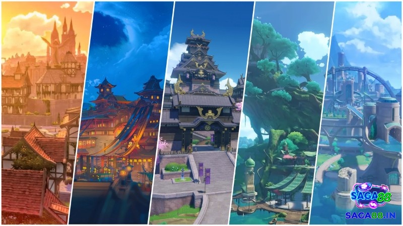 Cảnh thế giới mở rộng lớn trong Genshin Impact với hiệu ứng ánh sáng và môi trường chi tiết như game console.
