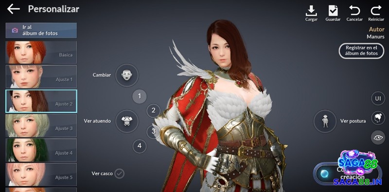 Giao diện tùy chỉnh nhân vật trong Black Desert Mobile với các thanh điều chỉnh chi tiết khuôn mặt, tóc, trang phục.