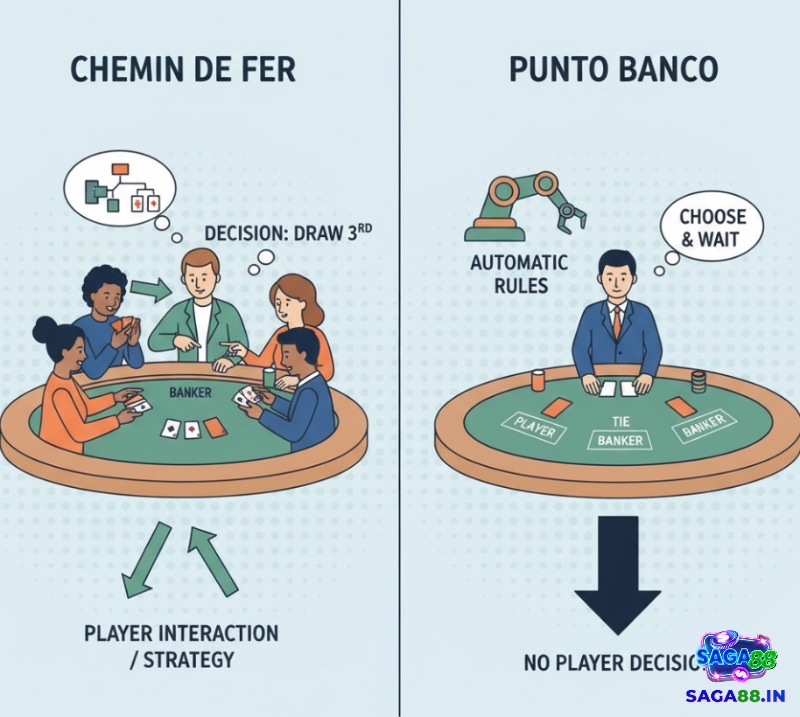 So sánh Chemin de Fer và Punto Banco, nhấn mạnh vai trò quyết định của người chơi trong Chemin de Fer và tự động hóa trong Punto Banco