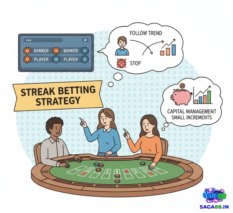 Người chơi baccarat áp dụng chiến thuật "Streak Betting" bằng cách quan sát chuỗi thắng của Banker hoặc Player để đặt cược theo xu hướng