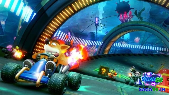 Cảnh đua trong CTR với khúc cua gắt và bệ tăng tốc liên tiếp trong game Crash Team Racing Nitro-Fueled