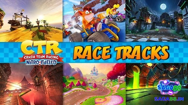 Đường đua hoạt hình với màu sắc nổi bật và hiệu ứng tăng tốc rõ ràng