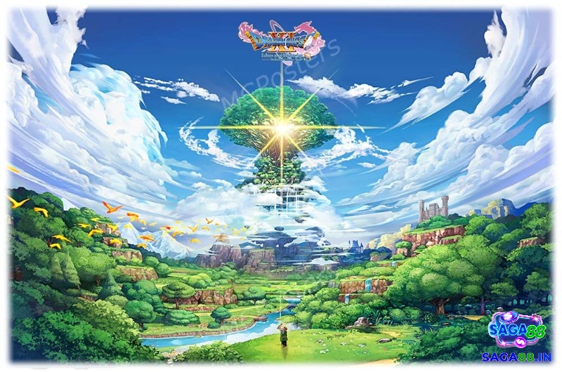 Toàn cảnh Erdrea với thị trấn cổ tích, bầu trời sáng và lớp địa hình đa dạng trong game Dragon Quest XI