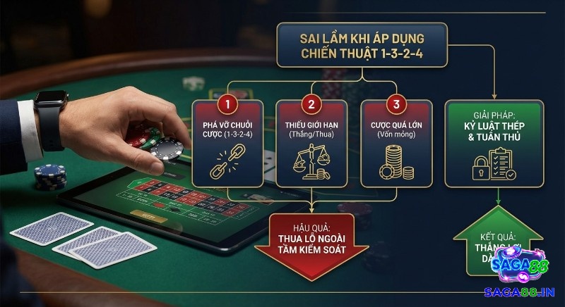 Sơ đồ 3 sai lầm phá vỡ chuỗi, thiếu giới hạn, cược quá lớn khi áp dụng 1-3-2-4; giải pháp kỷ luật đạt thắng lợi dài hơi