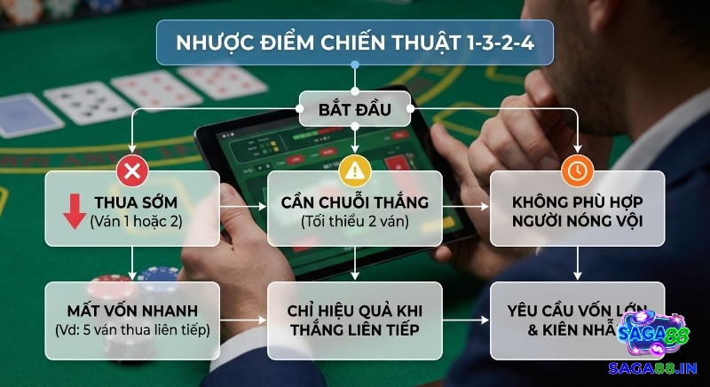Sơ đồ nhược điểm chiến thuật Baccarat 1-3-2-4 chỉ ra rủi ro thua sớm, mất vốn nhanh và yêu cầu vốn lớn cùng sự kiên nhẫn