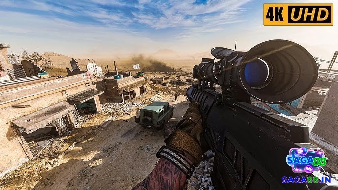 Ánh nắng phản chiếu trên xe cháy ở khu phố sa mạc năm 2019 tạo ấn tượng thị giác của Modern Warfare 2019