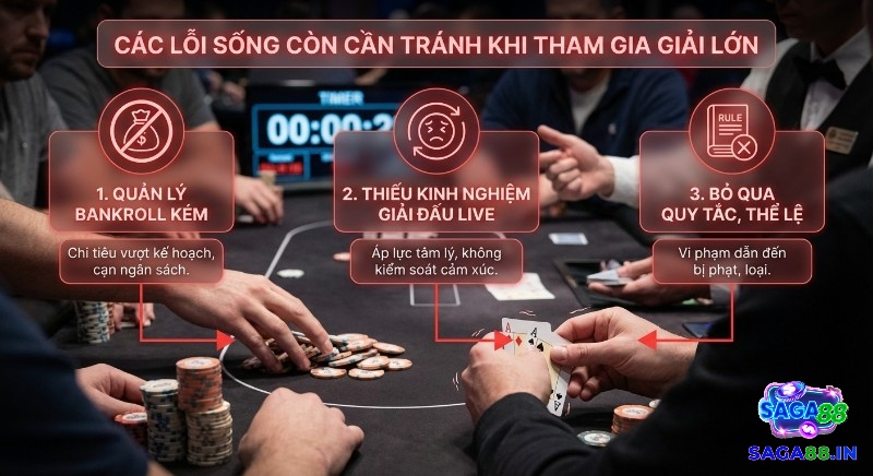 Hướng dẫn 3 sai lầm cần tránh khi tham gia giải đấu poker lớn lớn: kiểm soát bankroll, tích lũy kinh nghiệm, tuân thủ quy tắc