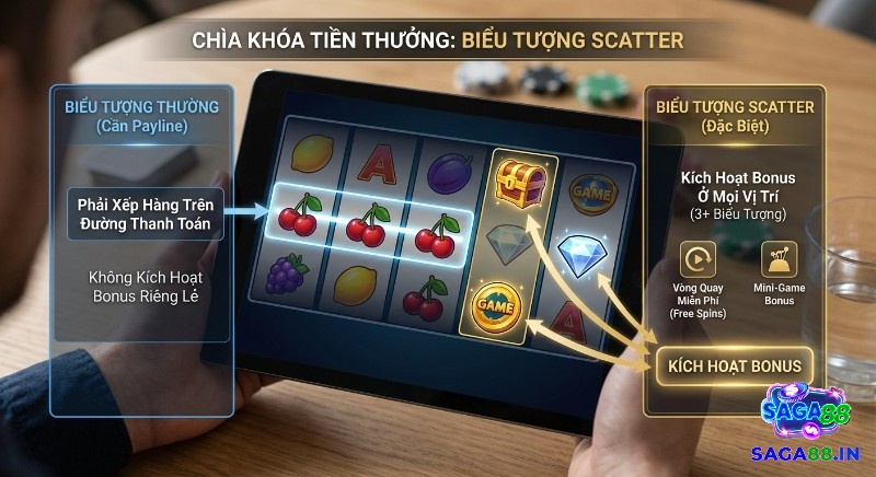 Giải thích chìa khóa tiền thưởng Scatter symbol slot game: kích hoạt vòng quay miễn phí, mini-game không phụ thuộc payline trong scatter symbol slot game là gì