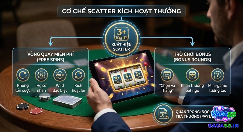 Sơ đồ cơ chế kích hoạt Free Spins và Bonus Rounds từ 3+ Scatter, minh họa các tính năng bonus và khuyến nghị đọc Paytable kỹ lưỡng