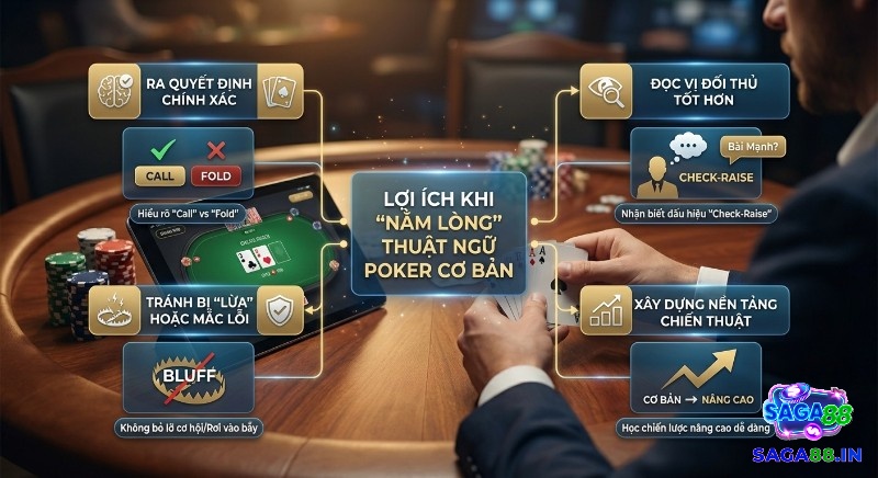Tổng quan lợi ích khi nắm vững thuật ngữ Poker cơ bản: giúp đưa ra quyết định chính xác, đọc vị đối thủ tốt hơn và tạo nền tảng cho các chiến thuật nâng cao