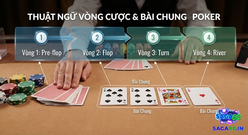 Tổng quan các thuật ngữ vòng cược Poker qua 4 giai đoạn chính Pre-flop, Flop, Turn, River và bài chung