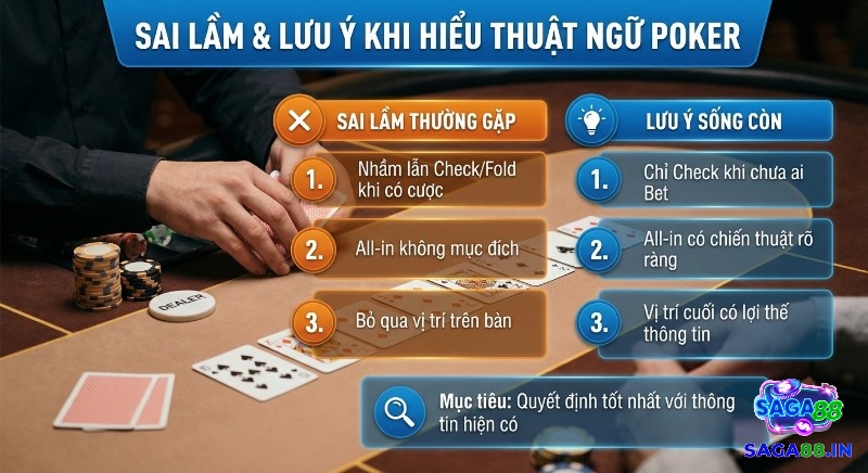 Bảng so sánh 3 sai lầm và 3 lưu ý sống còn khi hiểu thuật ngữ Poker, giúp người chơi ra quyết định tốt nhất