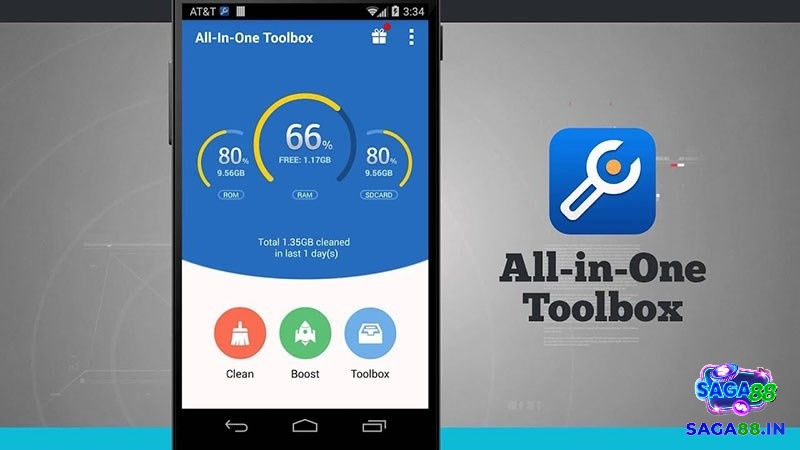 Ứng dụng All In One Toolbox hiển thị các công cụ dọn rác và tăng tốc điện thoại Android