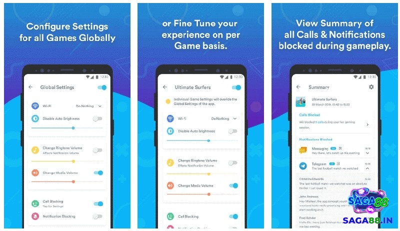 Giao diện Gaming Mode trên Android với tùy chọn chặn thông báo và cuộc gọi khi chơi game