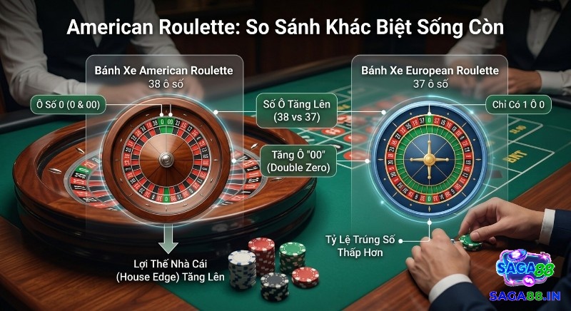 Bảng so sánh American Roulette và European Roulette, làm rõ điểm khác biệt ô 00 khiến lợi thế nhà cái tăng cao