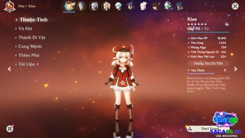 Giao diện nhân vật với Vision, vũ khí và bộ Thánh Di Vật được sắp xếp hoàn chỉnh