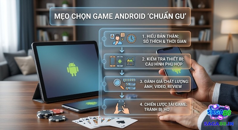 Chiến lược 4 bước chọn game Android chuẩn gu từ chuyên gia, bao gồm hiểu sở thích, kiểm tra thiết bị và đánh giá chất lượng