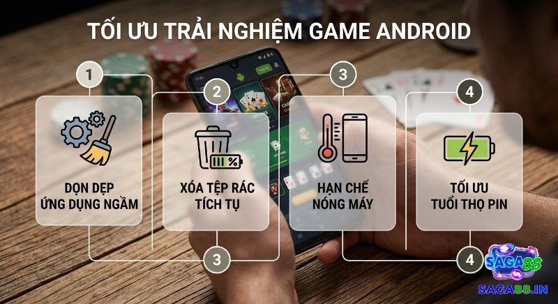 Quy trình 4 bước tối ưu trải nghiệm game hay cho điện thoại Android, bao gồm dọn ứng dụng, xóa tệp rác, hạn chế nóng máy, tối ưu tuổi thọ pin