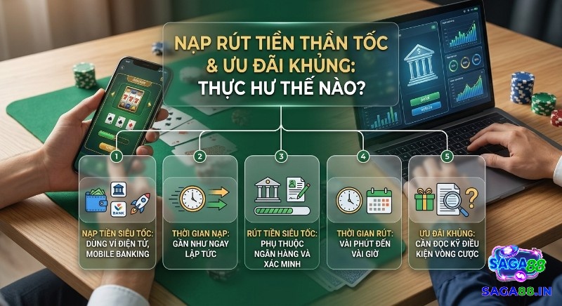 Quy trình 5 bước giải thích thực hư, nạp rút tiền thần tốc, và ưu đãi khủng, chỉ rõ thời gian và điều kiện kèm theo