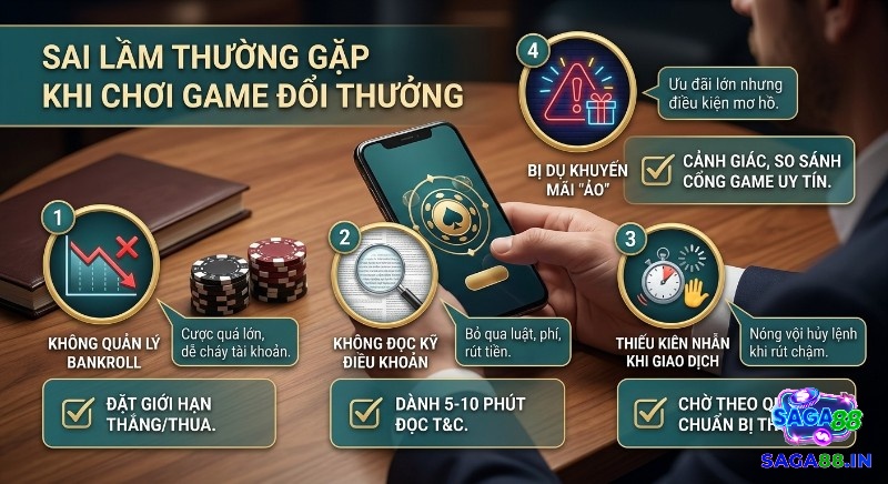 Tổng hợp 4 sai lầm thường gặp khi chơi game đổi thưởng, hướng dẫn tránh rủi ro quản lý bankroll, T&C, giao dịch