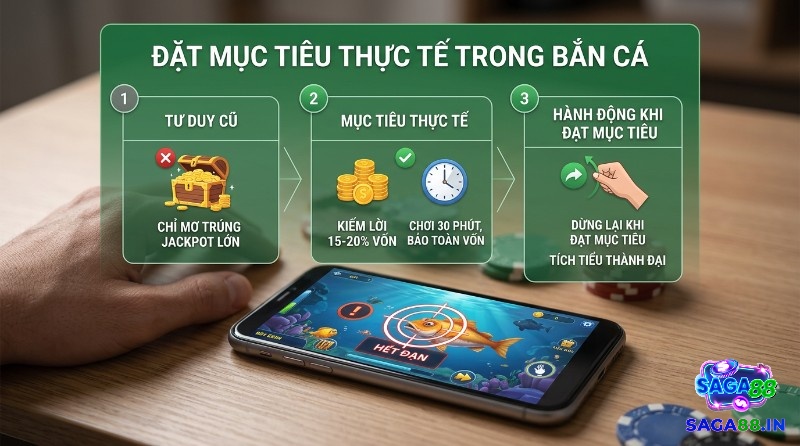 Đặt mục tiêu thực tế trong bắn cá: tránh mơ jackpot lớn, tập trung kiếm lời 15-20% vốn hoặc chơi 30 phút bảo toàn vốn, dừng lại khi đạt mục tiêu