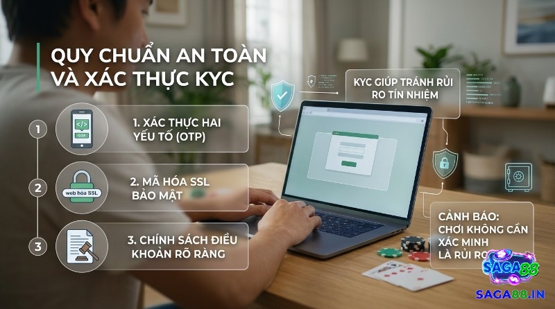 Quy chuẩn an toàn và xác thực KYC với xác thực hai yếu tố OTP, mã hóa SSL, chính sách rõ ràng, giúp tránh rủi ro tín nhiệm. Cảnh báo chơi không xác minh là rủi ro