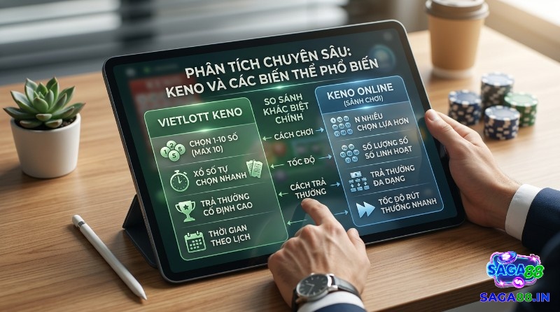 Phân tích Keno là gì và biến thể phổ biến, so sánh Vietlott Keno (chọn 1-10 số, trả thưởng cố định) với Keno Online (chọn lựa linh hoạt, trả thưởng đa dạng)