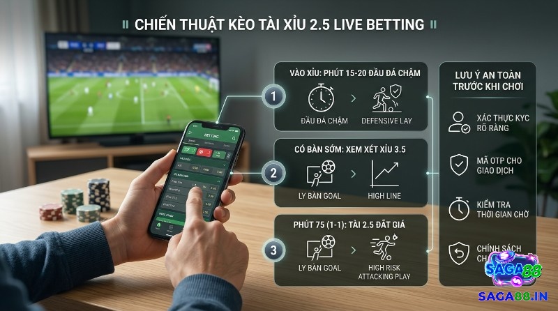 Chiến thuật kèo tài xỉu 2.5 là gì live betting: vào Xỉu phút 15-20, xem xét Xỉu 3.5 khi có bàn sớm, Tài 2.5 phút 75 (1-1) cùng lưu ý an toàn KYC, OTP