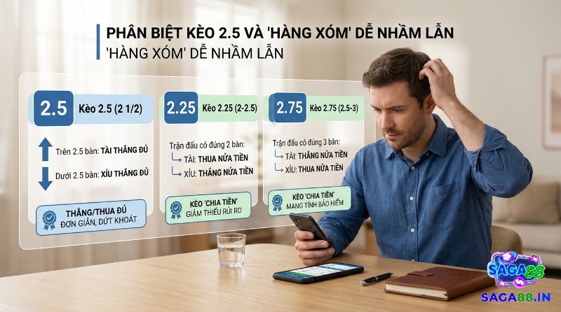 Kèo tài xỉu 2.5 là gì? Phân biệt kèo 2.5 (thắng thua đủ) với 2.25 (thua nửa tiền Tài nếu 2 bàn) và 2.75 (thắng nửa tiền Tài nếu 3 bàn)