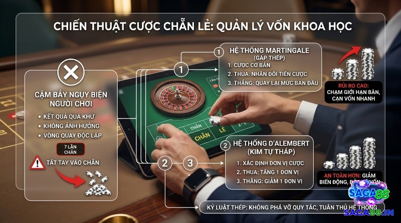Chiến thuật cược odd even bet roulette quản lý vốn khoa học, tránh ngụy biện người chơi. So sánh Martingale rủi ro cao và D'Alembert an toàn hơn