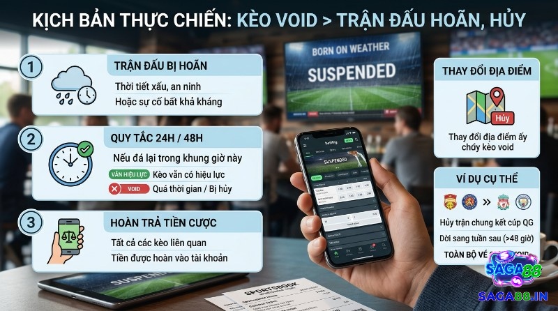 Kèo void trong thể thao là gì khi trận đấu bị hoãn, hủy, thay đổi địa điểm vì thời tiết, an ninh. Quy tắc 24/48 giờ quyết định hiệu lực cược, tiền được hoàn trả